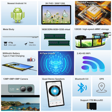 Load image into Gallery viewer, BAIWOYER 11 inch Tablet with Keyboard Android 14 2000*1200 2K Display Tablets PC, T616 Octa-Core 2.0GHz, 18GB RAM 128GB ROM 1TB Expandable, 5M+5M+13MP AI Camera, 9000mAh Battery, With Case, Pen