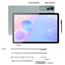 Load image into Gallery viewer, 11 inch Tablet with Keyboard Android 14 2000*1200 2K Display Tablets PC, T616 Octa-Core 2.0GHz, 18GB RAM 128GB ROM 1TB Expandable, 5M+5M+13MP AI Camera, 9000mAh Battery, With Case, Pen