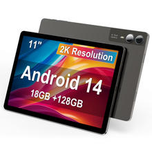 Load image into Gallery viewer, 11 inch Tablet with Keyboard Android 14 2000*1200 2K Display Tablets PC, T616 Octa-Core 2.0GHz, 18GB RAM 128GB ROM 1TB Expandable, 5M+5M+13MP AI Camera, 9000mAh Battery, With Case, Pen