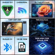 Load image into Gallery viewer, BAIWOYER Latest Android 15 Tablet, 128GB ROM+16GB RAM+1TB Expand, 10.1 inch Tablet, 5G WiFi, T606 Octa-Core, 3- Camera , Incell IPS Screen, 8000mAh, Tablet with Keyboard, case, stylus, Dual speakers
