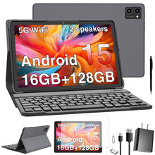 Load image into Gallery viewer, BAIWOYER Latest Android 15 Tablet, 128GB ROM+16GB RAM+1TB Expand, 10.1 inch Tablet, 5G WiFi, T606 Octa-Core, 3- Camera , Incell IPS Screen, 8000mAh, Tablet with Keyboard, case, stylus, Dual speakers
