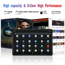 Load image into Gallery viewer, BAIWOYER Latest Android 15 Tablet, 128GB ROM+16GB RAM+1TB Expand, 10.1 inch Tablet, 5G WiFi, T606 Octa-Core, 3- Camera , Incell IPS Screen, 8000mAh, Tablet with Keyboard, case, stylus, Dual speakers
