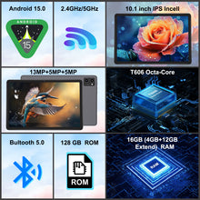 Load image into Gallery viewer, BAIWOYER Latest Android 15 Tablet, 128GB ROM+16GB RAM+1TB Expand, 10.1 inch Tablet, 5G WiFi, T606 Octa-Core, 3- Camera , Incell IPS Screen, 8000mAh, Tablet with Keyboard, case, stylus, Dual speakers
