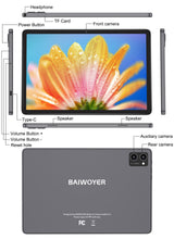 Load image into Gallery viewer, BAIWOYER Latest Android 15 Tablet, 128GB ROM+16GB RAM+1TB Expand, 10.1 inch Tablet, 5G WiFi, T606 Octa-Core, 3- Camera , Incell IPS Screen, 8000mAh, Tablet with Keyboard, case, stylus, Dual speakers
