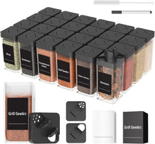 Load image into Gallery viewer, Homhut Gewürzgl?ser Eckig Set mit Deckel [24x 120ml], Stabiler Plastik Gewürzstreuer Luftdichte, Gewürzdosen mit Streueinsatz, Spice Jars mit 120 Etiketten (Schwarz)"
