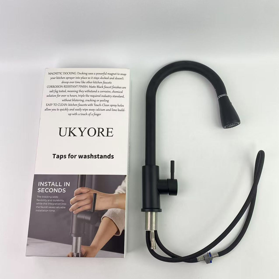 UKYORE Taps for washstands,Black Kitchen Faucets, Kitchen Faucet with Pull Down Sprayer, High Arc Single Handle Stainless Steel Sink Faucets 1 or 3 Hole, Classic Kitchen Sink Faucets for Farmhouse Camper Laundry Bar