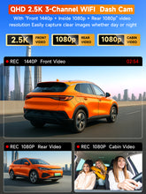 Load image into Gallery viewer, 3 Channel 4K Dash Cam with 5GHz WiFi &amp; APP Control, 2.5K+1080P+1080P Front Inside and Rear, Triple Dash Camera with 64GB Card, 24 Hours Parking Mode, Loop Recording, Night Vision
