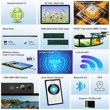 Load image into Gallery viewer, 11 inch Tablet with Keyboard Android 14 2000*1200 2K Display Tablets PC, T616 Octa-Core 2.0GHz, 18GB RAM 128GB ROM 1TB Expandable, 5M+5M+13MP AI Camera, 9000mAh Battery, With Case, Pen
