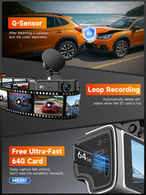 Load image into Gallery viewer, 3 Channel 4K Dash Cam with 5GHz WiFi &amp; APP Control, 2.5K+1080P+1080P Front Inside and Rear, Triple Dash Camera with 64GB Card, 24 Hours Parking Mode, Loop Recording, Night Vision
