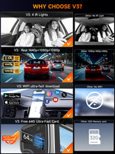 Load image into Gallery viewer, 3 Channel 4K Dash Cam with 5GHz WiFi &amp; APP Control, 2.5K+1080P+1080P Front Inside and Rear, Triple Dash Camera with 64GB Card, 24 Hours Parking Mode, Loop Recording, Night Vision
